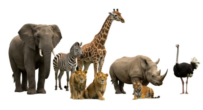 Majestic African wildlife (elephant, giraffe, zebra, lion, rhino, tiger, ostrich) stand peacefully in a lush green savanna under soft high-key light, concept of global biodiversity and peaceful