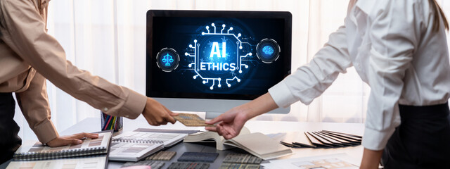 AI ethics responsibility standard law and rules on computer screen provide report of AI ethic...