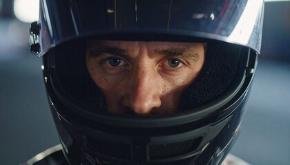 Close-up of person wearing glossy dark racing helmet with raised visor—intense blue eyes visible, focused expression, motorsport atmosphere