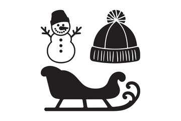 Winter holiday icons snowman sleigh and hat