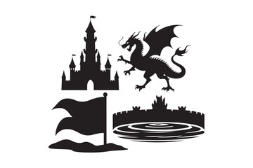 Fantasy castle dragon flag and city silhouettes