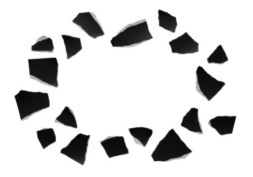 Jagged-edged torn black paper pieces with grey textures on a transparent background, captured from overhead with ample copy space, high-contrast monochrome concept of problem-solving