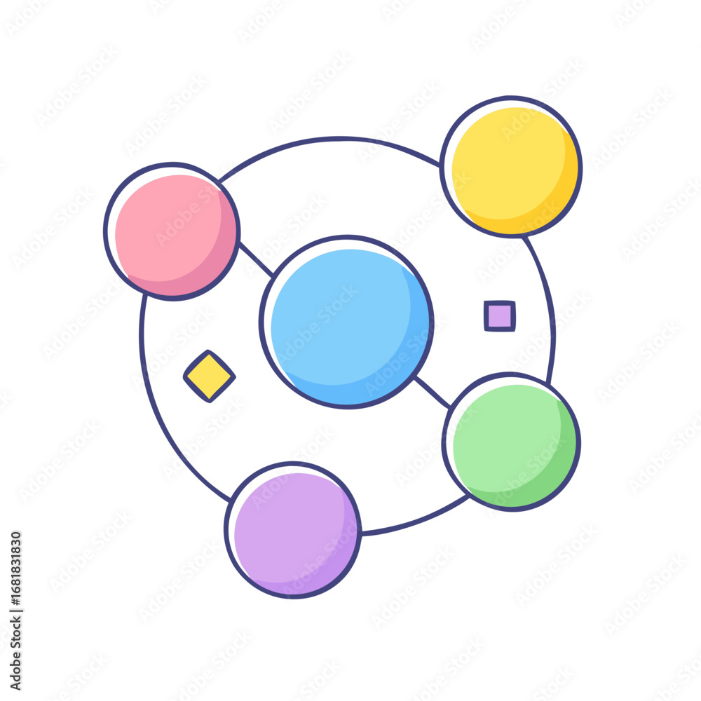 Poster illustration of a network with circular nodes and geometric shapes