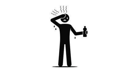 Stick figure experiencing heat stroke and holding a water bottle