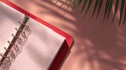 Open binder with blank lined paper, red cover, and tropical leaf shadow on pink background, creating calm and creative workspace vibe