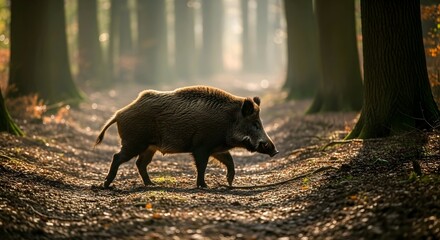 Wild boar in forest, sun rays filtering through trees, brown leaves, calm atmosphere, nature theme. Meta AI Generated.