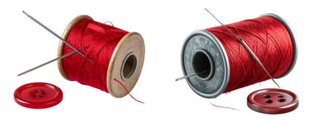 Sade  pain Red Sewing Thread Spool with Silver Needle Pierced Through, Button Placed Beside, Isolated on Transparent Background