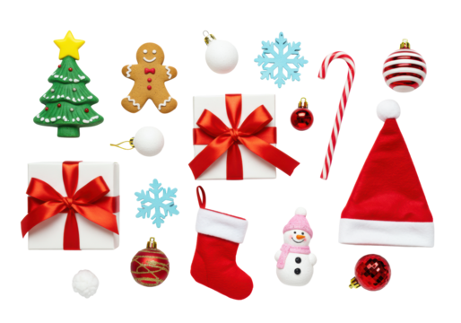 Photorealistic flat lay of a Christmas tree, gingerbread man, gift box, snowflake, ornaments, and Santa hat on a transparent background, festive holiday season concept