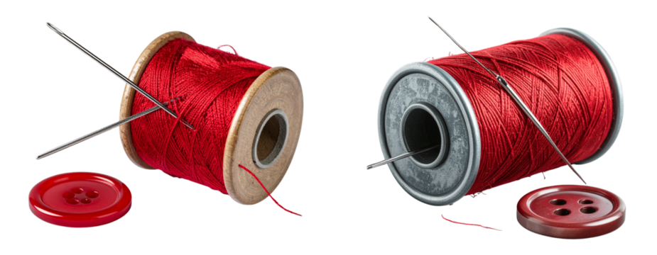 Sade  pain Red Sewing Thread Spool with Silver Needle Pierced Through, Button Placed Beside, Isolated on Transparent Background