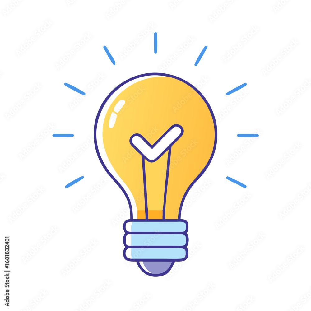 Poster bright idea lightbulb with checkmark symbolizing a successful solution or concept
