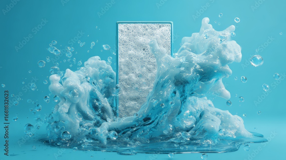 Poster dynamic splash of water with foam, creating a refreshing visual effect.