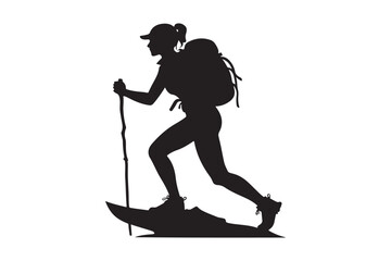 Silhouette of a woman hiking with a backpack and trekking pole