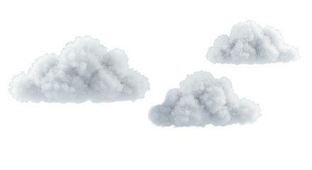 Four transparent, sculptural cloud forms float in a minimalist white space with soft high-key lighting, embodying clarity and innovation concept