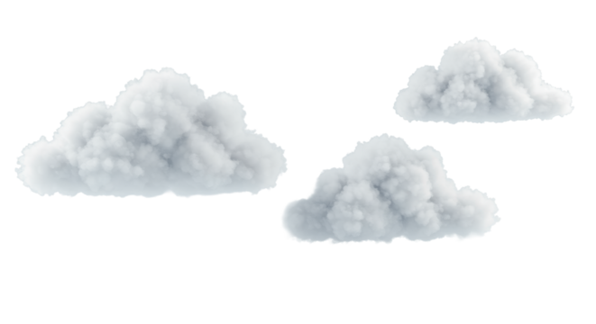 Four transparent, sculptural cloud forms float in a minimalist white space with soft high-key lighting, embodying clarity and innovation concept