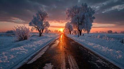 Country road through winter landscape at sunset in snowy mountains
