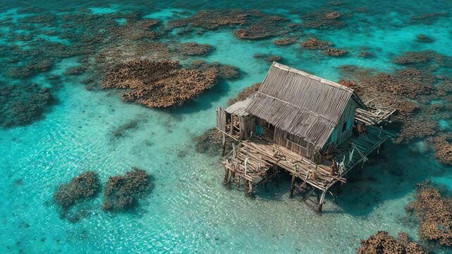 Abandoned wooden house on stilts above clear turquoise water, representing off-grid living concept  