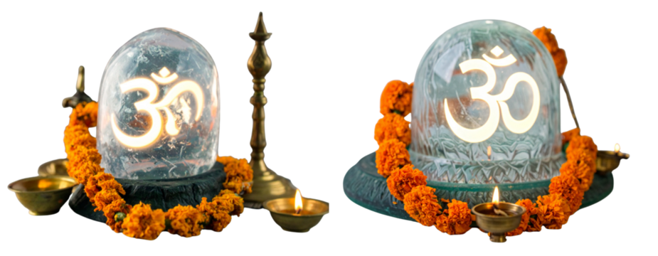 Shiva Lingam with Glowing Om Symbol Surrounded by Orange Marigold Garland and Oil Lamps, Front View Isolated