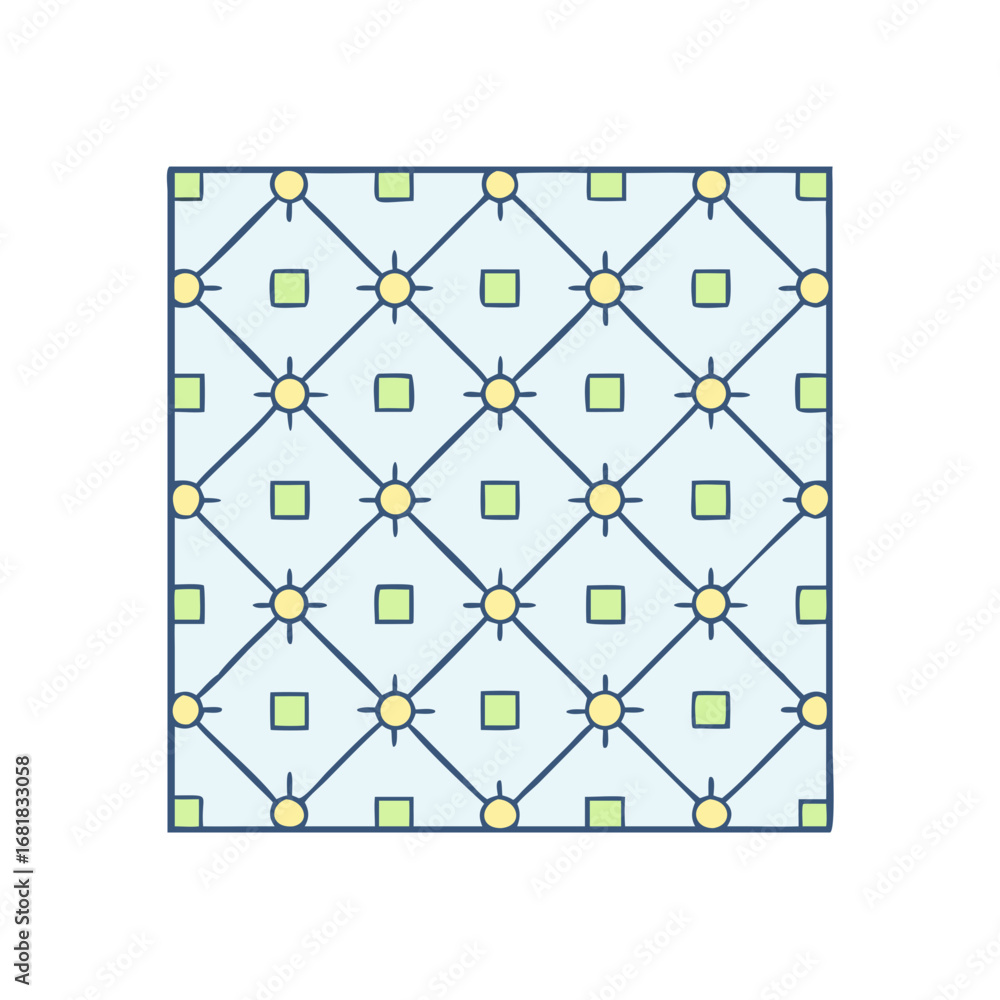 Poster geometric pattern featuring squares, circles, and radiating lines in a tile format