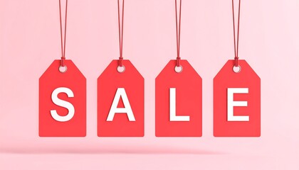 Red sale tags hanging on strings, pale pink background