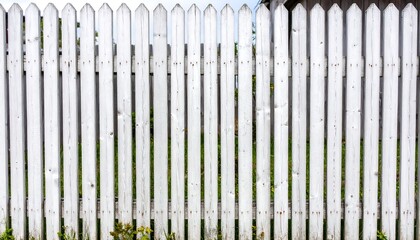 Weathered white picket fence against a grassy backdrop
