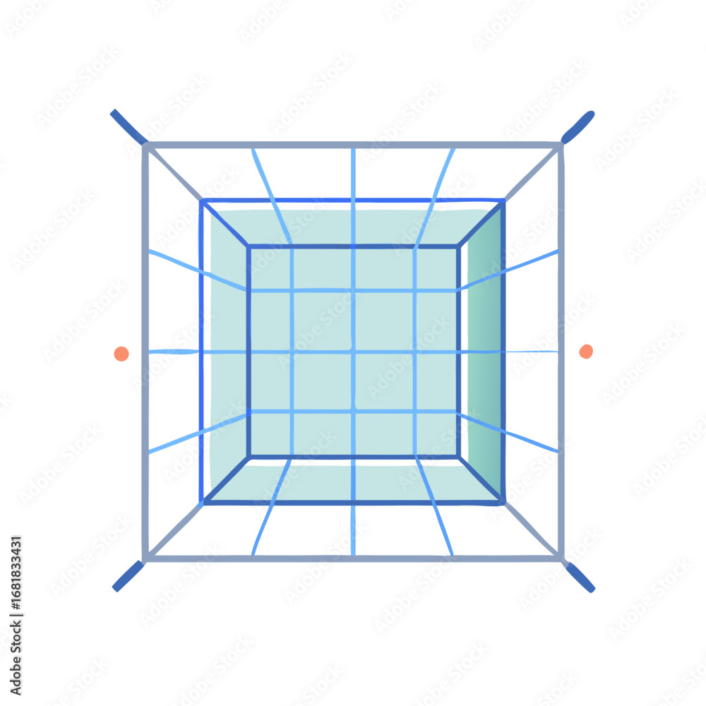 Poster abstract architectural conceptual perspective drawing with a blue cube grid system
