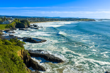 Drone aerial photograph of the rugged coastline in the Kiama suburb of Kiama Downs on the South Pacific Ocean coast in the Illawarra region on the south coast of New South Wales, Australia. 