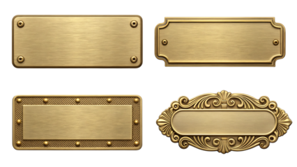 Golden metal plates and frames collection on transparent background
