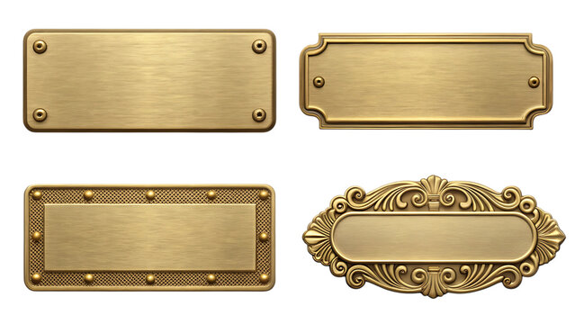 Golden metal plates and frames collection on transparent background