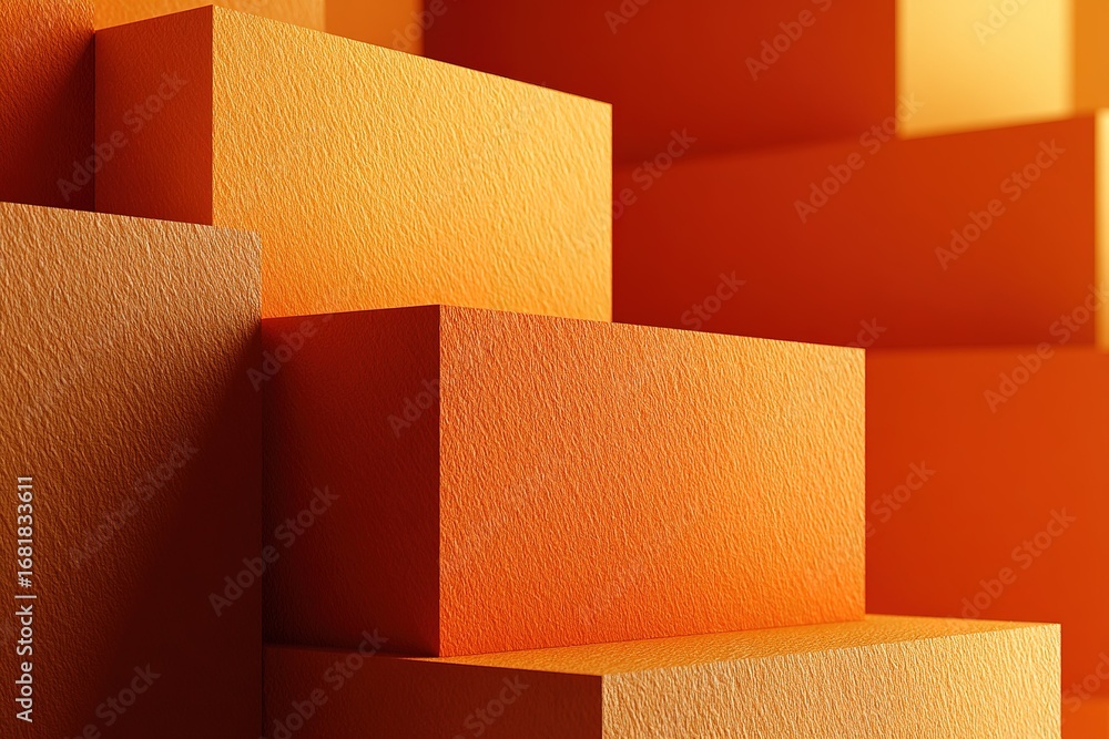 Poster vibrant orange geometric shapes stacked in varying sizes creating a dynamic visual composition