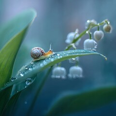 A delicate snail, adorned with dew drops, traverses a vibrant leaf, surrounded by a cluster of delicate, white flowers, bathed in soft morning light.