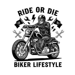 Skull biker riding a motorcycle with ride or die biker lifestyle text
