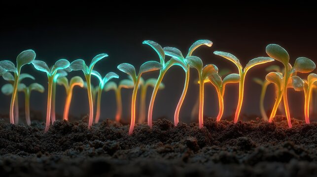 Glowing bioluminescent seedlings emerge from the dark soil in a mysterious garden, illuminated by soft ethereal light and magical floating orbs