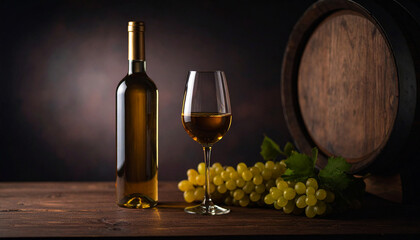 Fototapeta premium Generated Cinematic Wine Cellar Still Life: Unlabeled Bottle, Glass, and Grapes on a Rustic Wooden Table, Capturing Soft Studio Light and a Warm Atmosphere