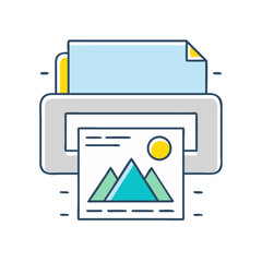 Stylized illustration of a printer printing a landscape image with mountains