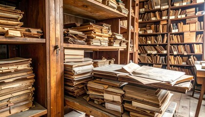 Obraz premium Vintage archive room filled with dark wooden shelves stacked with old books, papers, and documents