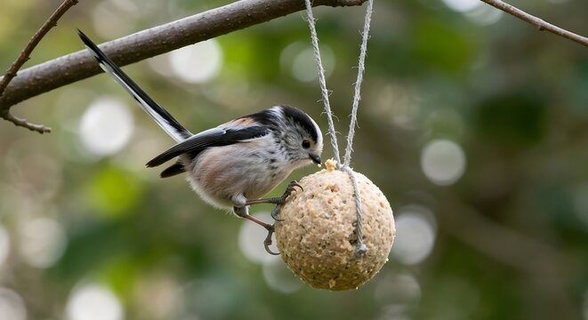Small bird on tree branch, pecking beige suet ball hung by strings. Blurred green background. Nature, bird feeding theme. Meta AI Generated.