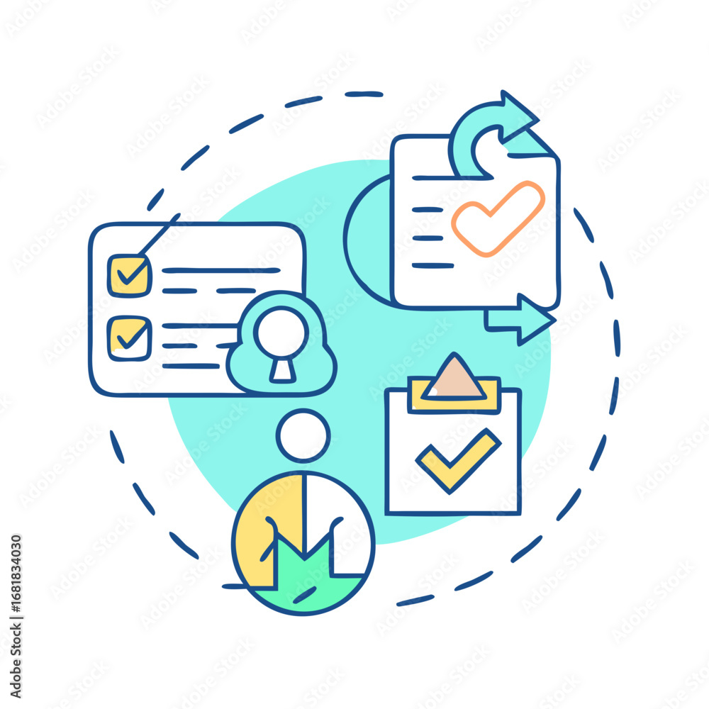Poster workflow management and task completion representation with person, cloud, checklist and arrow