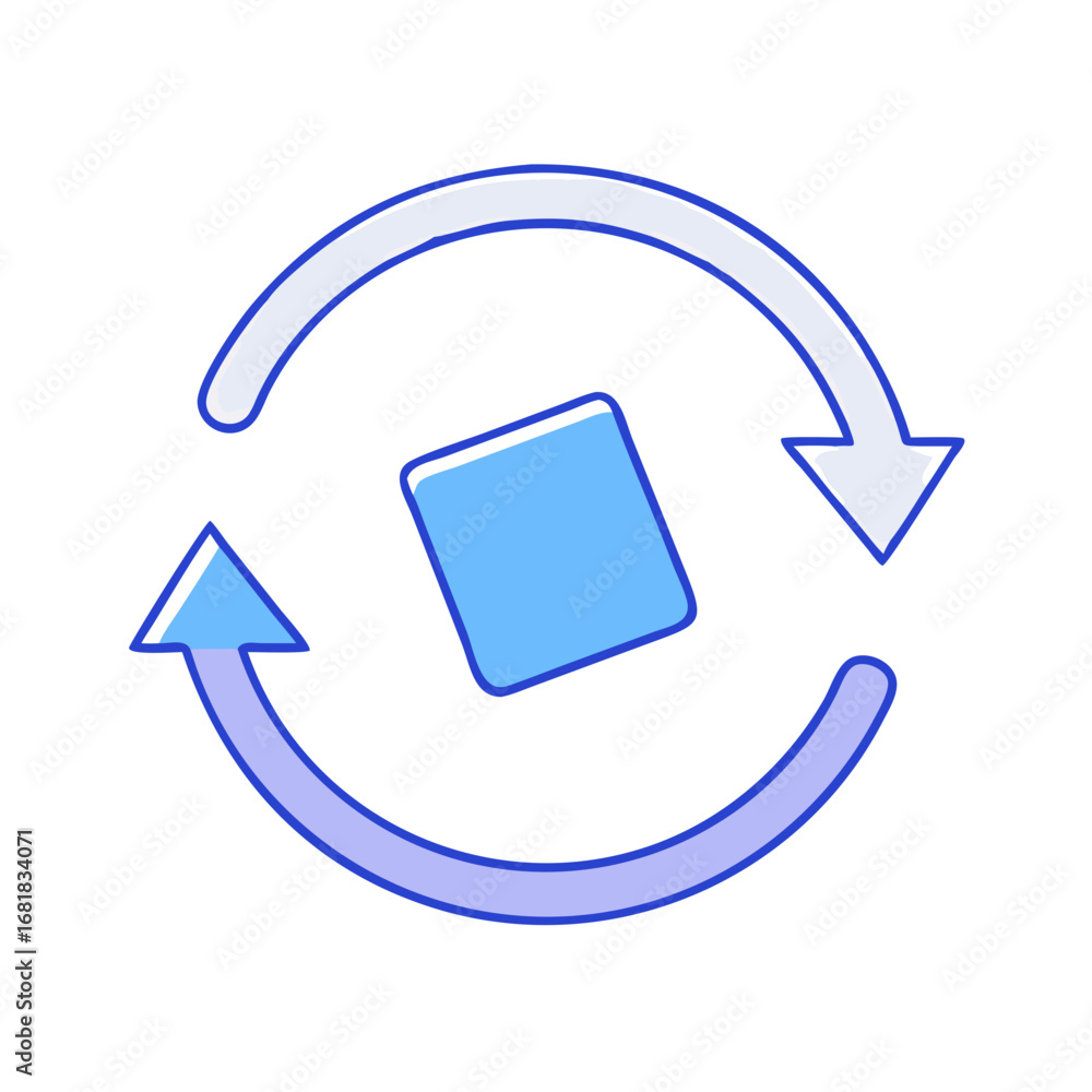 Poster symbol of circular arrows rotating around a central blue square