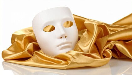 White theatrical mask resting on golden satin fabric, evoking mystery and elegance