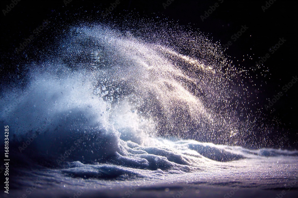 Poster waves crashing on the shore creating splashes under moonlight during a calm night