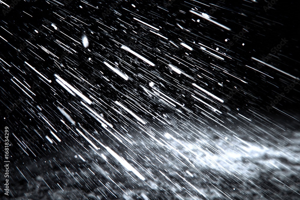 Aufkleber raindrops fall heavily on a dark surface at night creating dynamic patterns and reflections