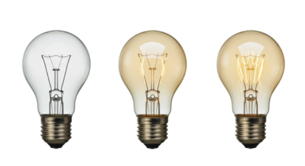 Three modern light bulbs, clear glass, intricate filaments, unlit to bright amber glow, arranged horizontally on white studio background, concept of innovation and bright ideas