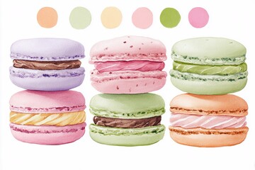 Fototapeta premium Watercolor painting showing colorful macarons and their color palette