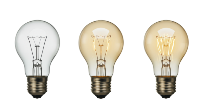 Three modern light bulbs, clear glass, intricate filaments, unlit to bright amber glow, arranged horizontally on white studio background, concept of innovation and bright ideas