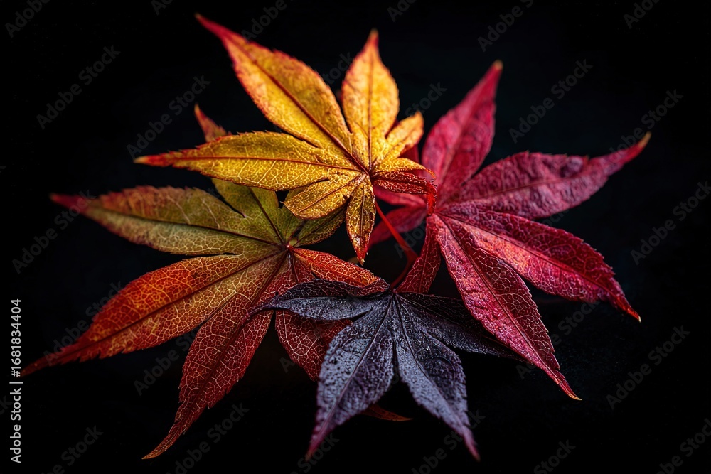 Poster colorful autumn leaves arranged in a circular pattern on a dark background creating a vibrant season
