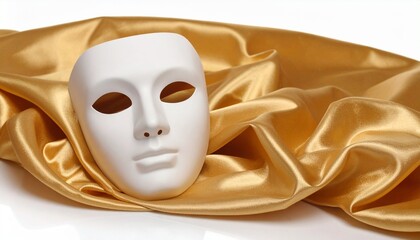 White theatrical mask resting on golden satin fabric, evoking mystery and elegance