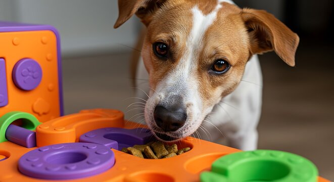Jack Russell dog enjoying interactive puzzle feeder toy for mental stimulation and treats.