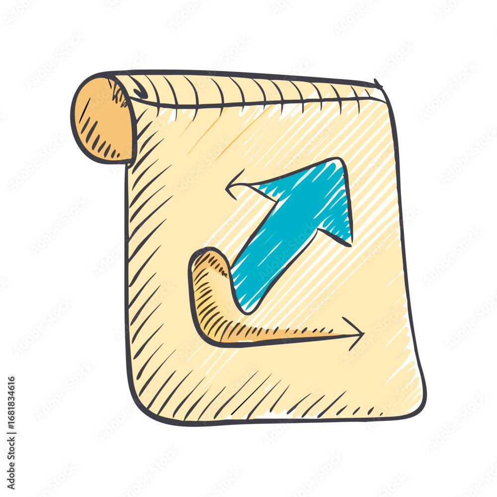 Poster hand drawn illustration depicting workflow and progress using paper and arrows