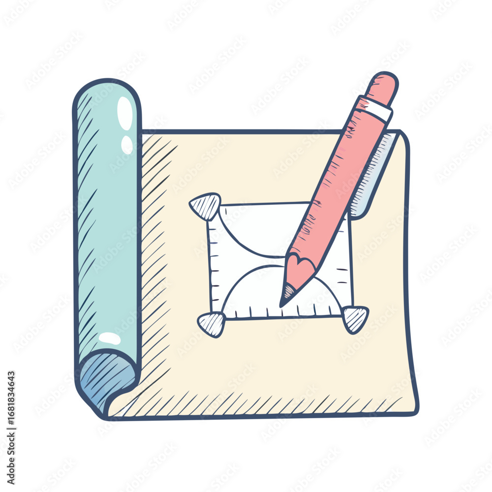 Poster blueprint design sketch with technical drawing and pencil for creative professions