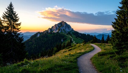 Scenic mountain path at sunset with dramatic clouds and pine trees.